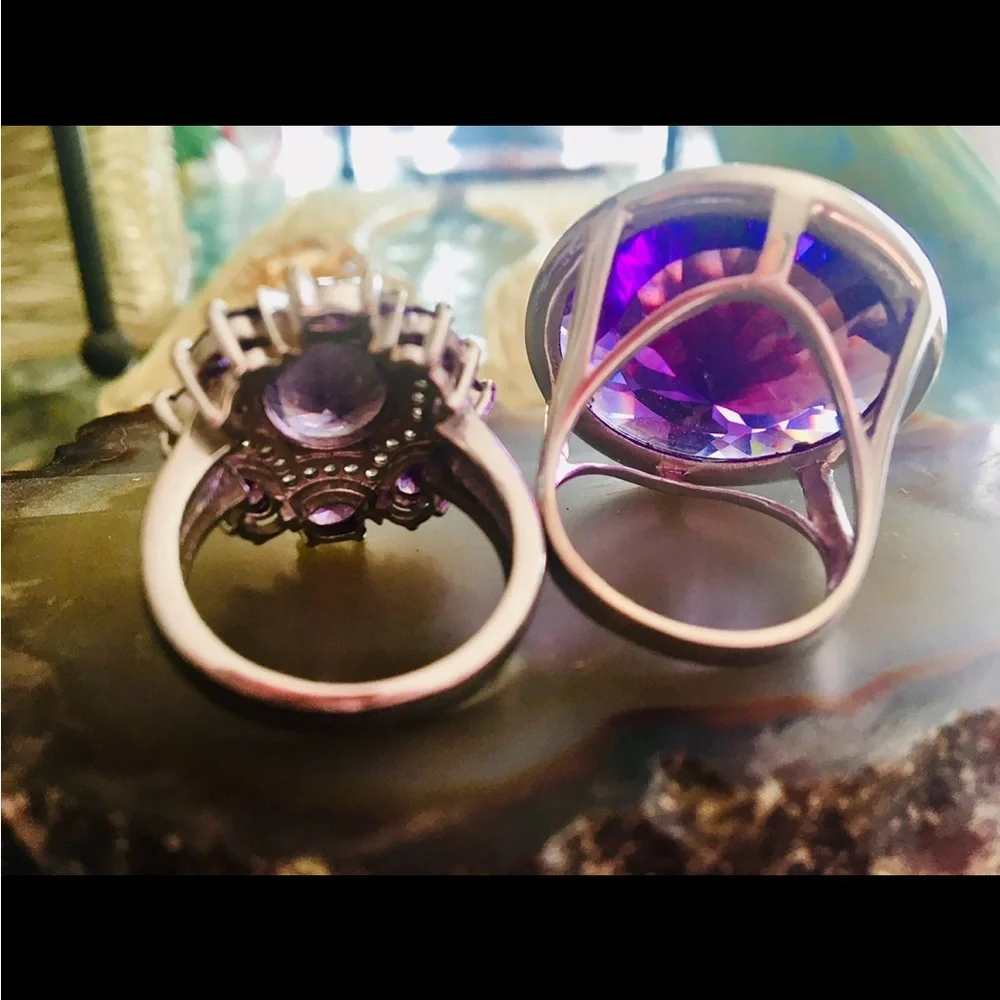 Vintage Pair  Silver 925 Amethyst & Clear Topaz Cocktail Ring both SZ 10 - Picture 5 of 14